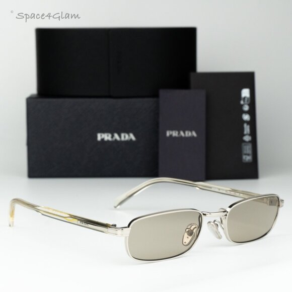 Prada Women Sunglasses Silver Brown Rectangle PRB54S 1BC30P NEW AUTHENTIC - Picture 1 of 10